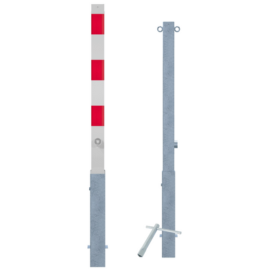 Uitneembare parkeerpaal 70x70 mm, wit-rood gestreept en verzinkt, met slotopties.