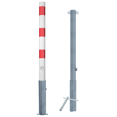 Uitneembare parkeerpaal Ø76 mm, wit-rood gestreept, met verzinkte grondbevestiging en slotoptie.