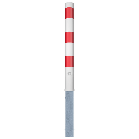 Uitneembare parkeerpaal Ø89 mm, wit-rood gestreept, met driekantslot en verzinkte ondergrondse bevestiging.