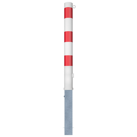 Wit-rode uitneembare parkeerpaal Ø89 mm met driekantslot en 1 kettingoog.