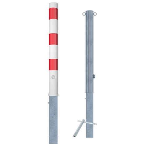Uitneembare parkeerpaal Ø89 mm, wit-rood gestreept, met slotoptie en verzinkte grondbevestiging.