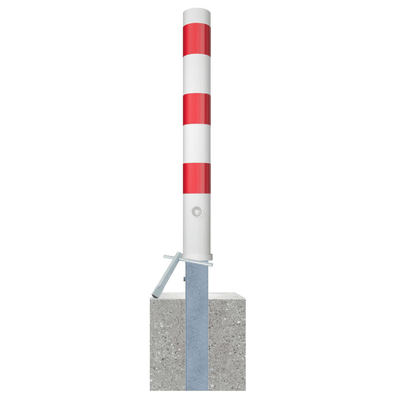 Wit-rode uitneembare parkeerpaal Ø102 mm met betonvoet voor verkeersbeheer.