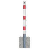 Wit-rode uitneembare parkeerpaal Ø60 mm met cilinderslot en betonvoet.