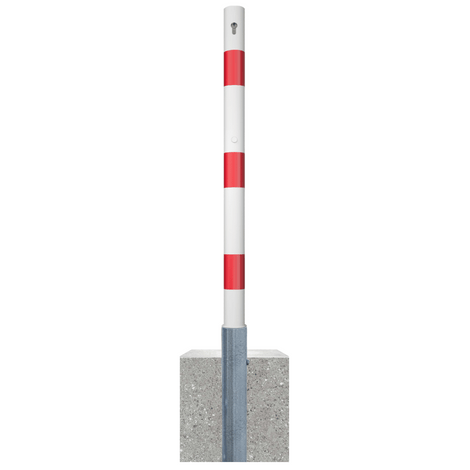 Wit-rode uitneembare parkeerpaal Ø60 mm met cilinderslot en betonvoet.