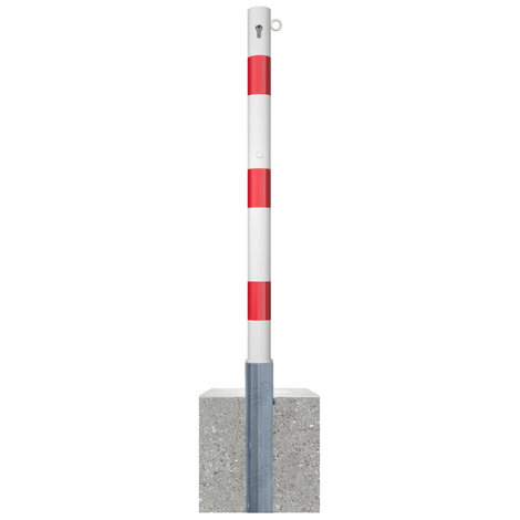 Wit-rode uitneembare parkeerpaal Ø60 mm met cilinderslot, 1 kettingoog en betonnen voet.