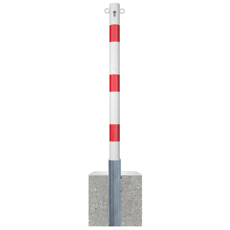 Wit-rode uitneembare parkeerpaal Ø60 mm met betonvoet, cilinderslot en 2 kettingogen.