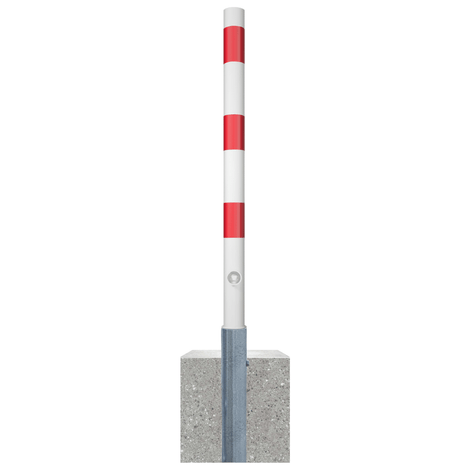 Wit-rode uitneembare parkeerpaal Ø60 mm met driekantslot en betonvoet.