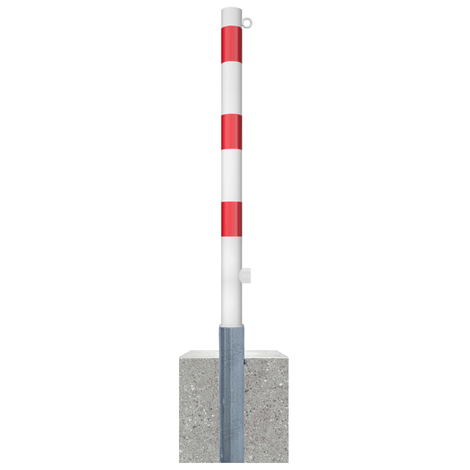 Wit-rode uitneembare parkeerpaal Ø60 mm met betonvoet, driekantslot en 1 kettingoog.