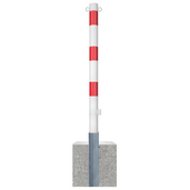 Wit-rode uitneembare parkeerpaal Ø60 mm met betonvoet, driekantslot en 2 kettingogen.