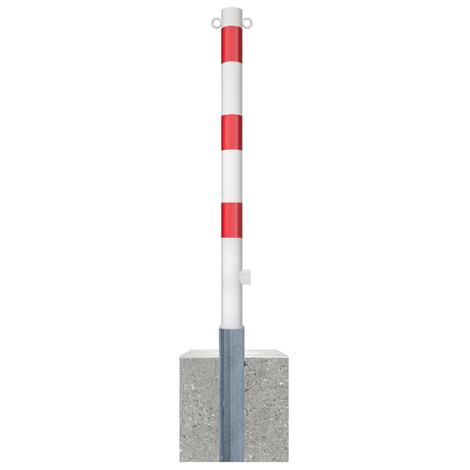 Wit-rode uitneembare parkeerpaal Ø60 mm met betonvoet, driekantslot en 2 kettingogen.