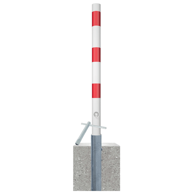 Wit-rode uitneembare parkeerpaal Ø60 mm met betonvoet en sleutel.