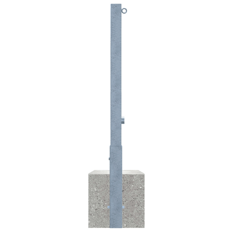 Verzinkte, uitneembare parkeerpaal 70x70 mm met driekantslot, 1 kettingoog en betonvoet.