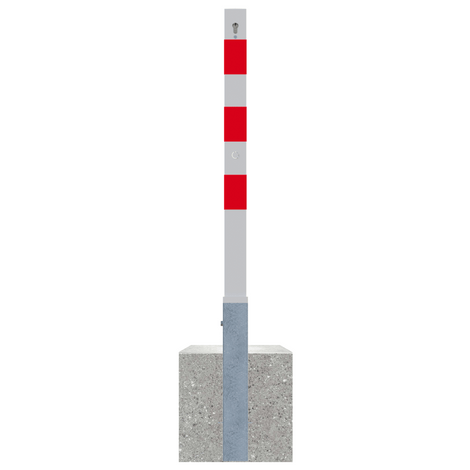 Wit-rode uitneembare parkeerpaal 70x70 mm met cilinderslot en betonvoet.