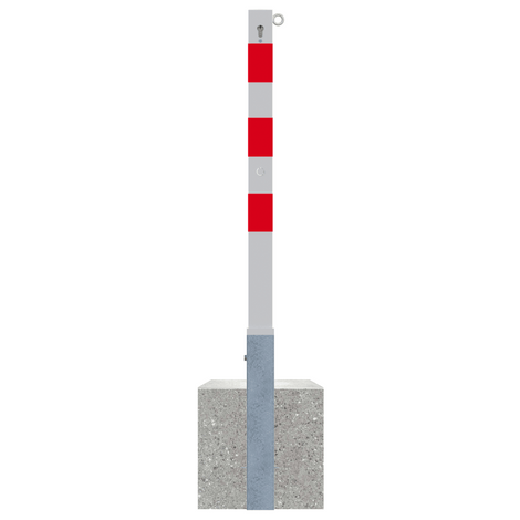 Wit-rode uitneembare parkeerpaal 70x70 mm met cilinderslot, kettingoog en betonvoet.