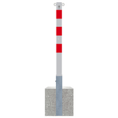 Wit-rode uitneembare parkeerpaal 70x70 mm met cilinderslot, 2 kettingogen en betonvoet.