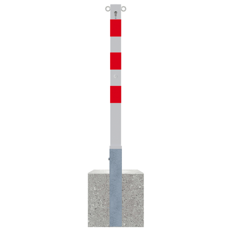 Wit-rode uitneembare parkeerpaal 70x70 mm met cilinderslot, 2 kettingogen en betonvoet.