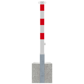 Wit-rode uitneembare parkeerpaal 70x70 mm met betonvoet, driekantslot en 2 kettingogen.