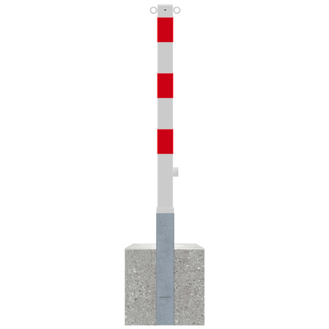 Wit-rode uitneembare parkeerpaal 70x70 mm met betonvoet, driekantslot en 2 kettingogen.