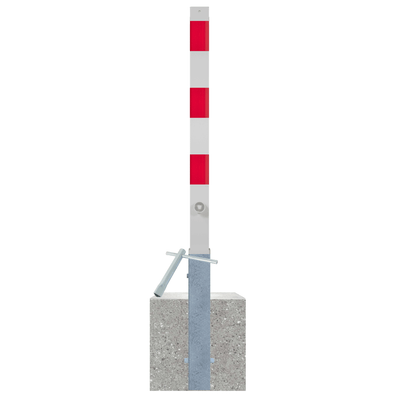 Uitneembare parkeerpaal, wit-rood gestreept, 70x70 mm, met betonvoet en sleutel.