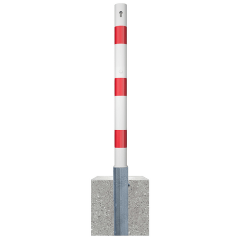 Wit-rode uitneembare parkeerpaal Ø76 mm met betonvoet en cilinderslot.