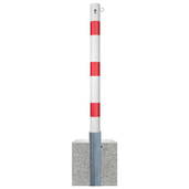 Uitneembare parkeerpaal Ø76 mm, wit-rood gestreept, met cilinderslot en 1 kettingoog, in betonvoet.