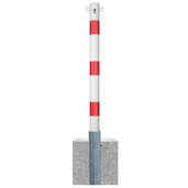 Wit-rode uitneembare parkeerpaal Ø76 mm met cilinderslot, 2 kettingogen en betonvoet.