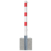 Wit-rode uitneembare parkeerpaal Ø76 mm met betonvoet, driekantslot en 1 kettingoog.