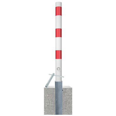 Wit-rode uitneembare parkeerpaal Ø76 mm met betonvoet en sleutel.