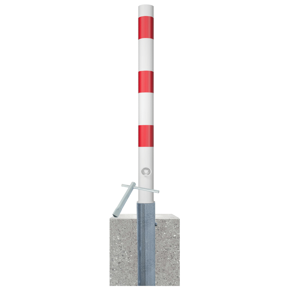 Uitneembare parkeerpaal Ø76 mm met betonvoet | Wit-rood of verzinkt