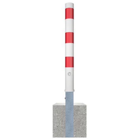 Wit-rode uitneembare parkeerpaal Ø89 mm met driekantslot en betonvoet.