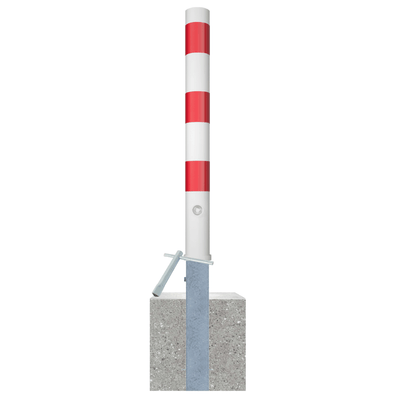 Uitneembare parkeerpaal Ø89 mm, wit-rood gestreept, met betonvoet en vergrendelingsmechanisme.