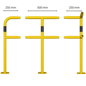 Modulaire gele veiligheidsrailing Ø48 mm met zwart-gele strepen, op voetplaat, in drie configuraties.