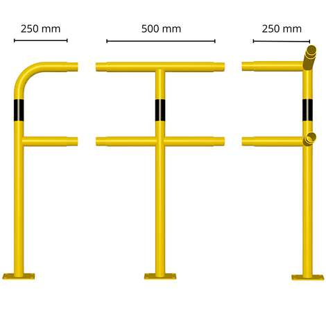 Modulaire gele veiligheidsrailing Ø48 mm met zwart-gele strepen, op voetplaat, in drie configuraties.