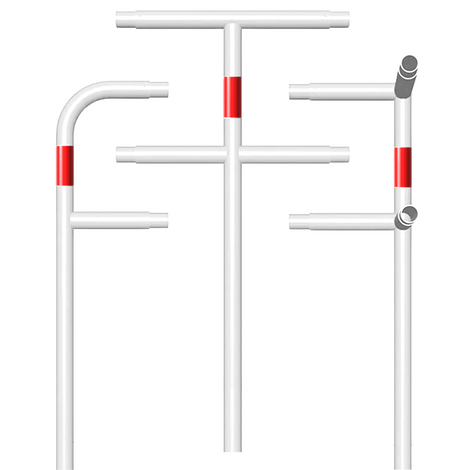 Modulair wit-rood veiligheidsrailing Ø48 mm systeem voor betonverankering.