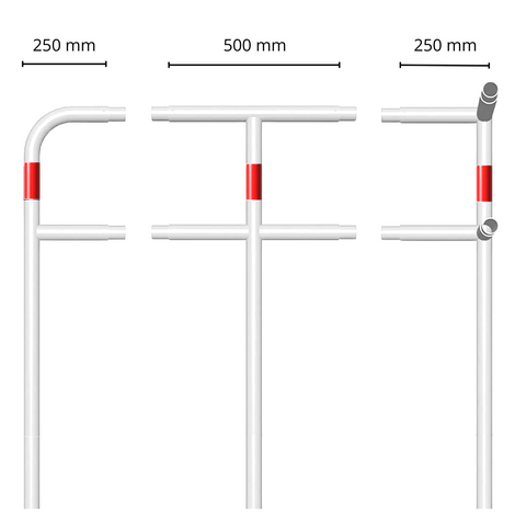 Modulair wit-rood veiligheidsrailing systeem Ø48 mm voor betonverankering.