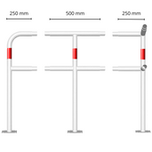 Witte en rood gemarkeerde liggers voor veiligheidsrailing Ø48 mm, diverse configuraties.