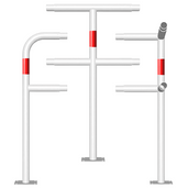 Witte, modulaire veiligheidsrailing Ø48 mm met rood reflecterende banden, op voetplaat, in diverse configuraties.