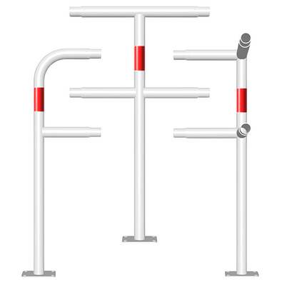 Witte, modulaire veiligheidsrailing Ø48 mm met rood reflecterende banden, op voetplaat, in diverse configuraties.