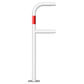 Witte Ø48 mm veiligheidsrailing eindstaander met rood reflecterend detail, op voetplaat.