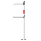 Witte Ø48 mm veiligheidsrailing hoekstaander met rode markering, op voetplaat, modulair systeem.