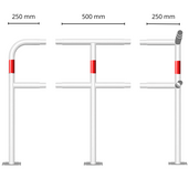 Modulaire veiligheidsrailing Ø48 mm, wit-rood, op voetplaat, met diverse koppelstukken en afmetingen.
