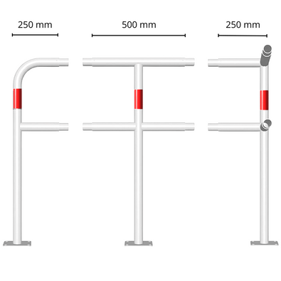 Modulaire veiligheidsrailing Ø48 mm, wit-rood, op voetplaat, met diverse koppelstukken en afmetingen.
