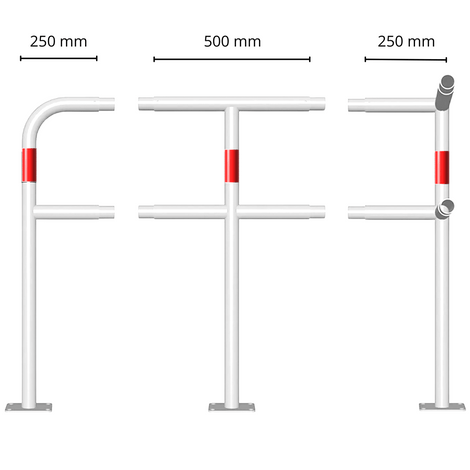 Modulaire veiligheidsrailing Ø48 mm, wit-rood, op voetplaat, met diverse koppelstukken en afmetingen.