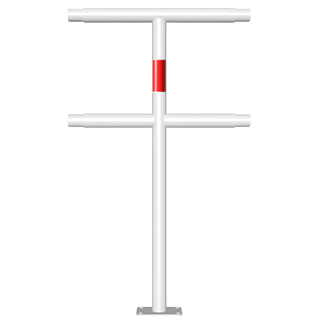 Witte modulaire veiligheidsrailing tussenstaander Ø48 mm met rood accent, op voetplaat.