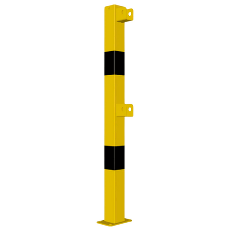 Gele en zwarte vierkante veiligheidsrailing eindstaander, 70x70 mm, met voetplaat en montagebeugels.