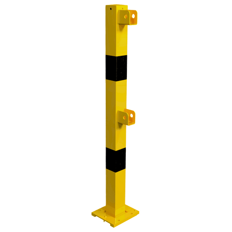 Gele en zwarte stalen veiligheidsrailing eindstaander, 70x70 mm, met montagebeugels.