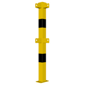 Gele en zwarte 70x70 mm veiligheidsrailing hoekstaander met voetplaat.