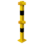 Gele en zwarte 70x70 mm stalen veiligheidsrailing hoekstaander met montagegaten.