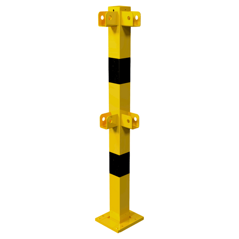 Gele en zwarte 70x70 mm stalen veiligheidsrailing hoekstaander met montagegaten.