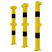 Drie gele en zwarte veiligheidsrailingen 70x70 mm met voetplaat, modulair systeem.